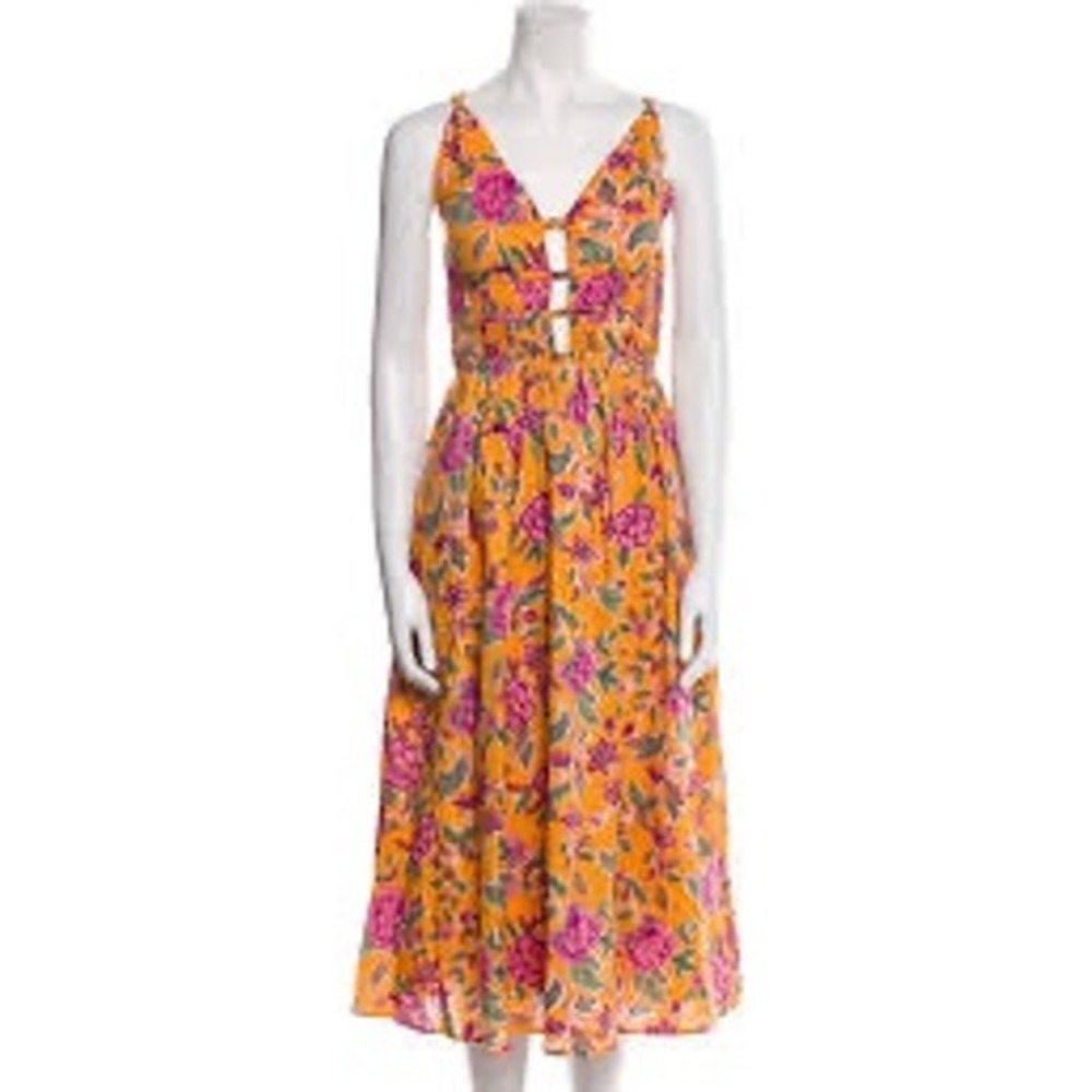 Caroline Constas Orange Floral V Neck Smocked Waist‎ Midi Dress Women's L